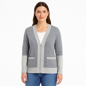 Eddie Bauer Sweater Womens M Gray Zip Up V Neck Cotton Nylon Casual Pockets